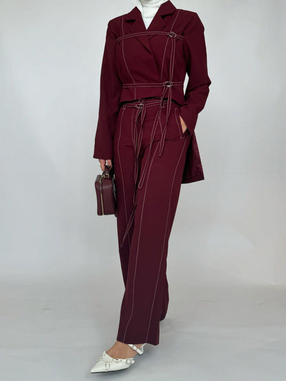 Burgundy Lace-up Top & High-waisted Pants Set Buy Center