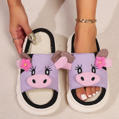 Buy Center Top Rated-Cute Cow Linen Shit Feeling Interior Non-slip Deodorant Outer Wear Platform Slippers Applique Cow Purple