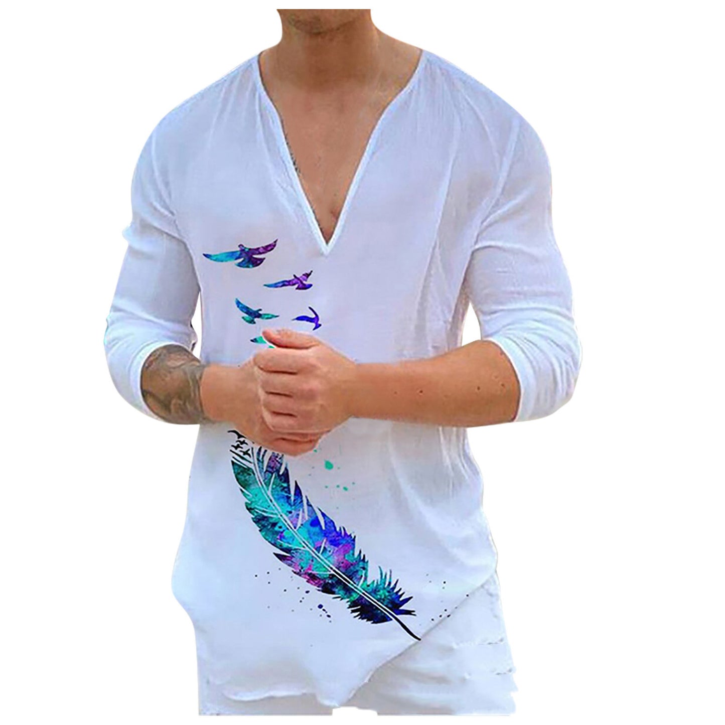 Camiseta de manga larga con cuello en V y estampado informal para hombre