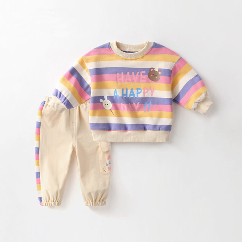 Fresh Arrivals at Buy Center: Baby Color Stripes Cartoon Bear Long Sleeve Two-piece Set