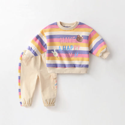 Fresh Arrivals at Buy Center: Baby Color Stripes Cartoon Bear Long Sleeve Two-piece Set