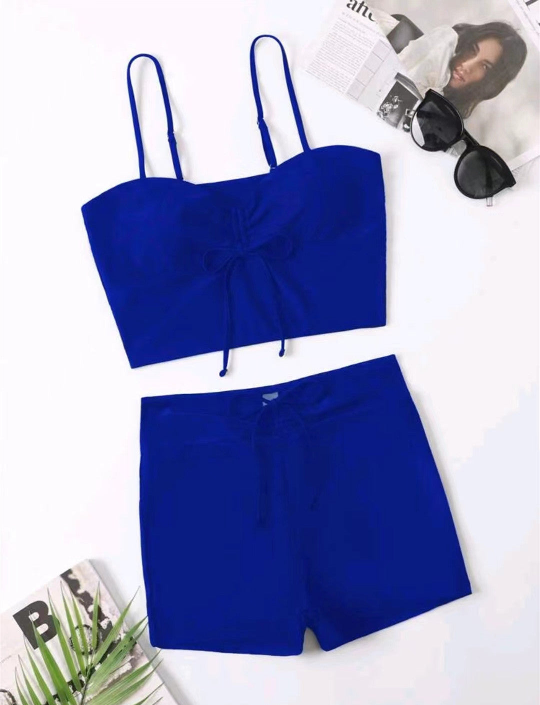 Newly Released at Buy Center: Women's Solid Color Split High Waist Boxers Drawstring Design Swimsuit Blue