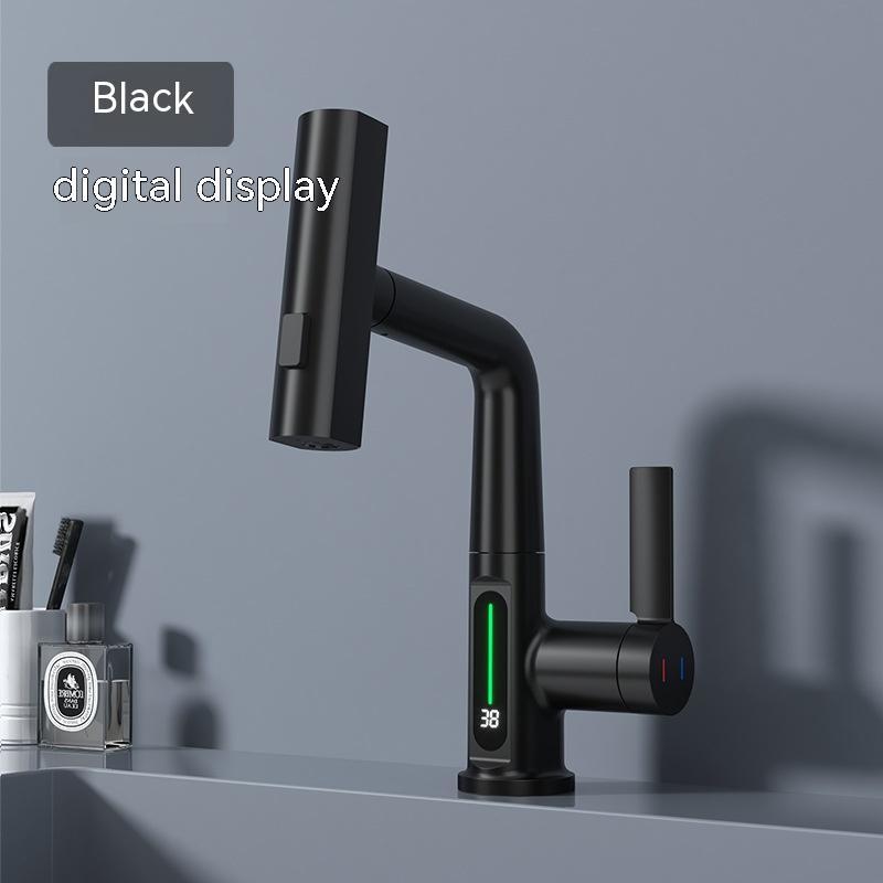 Intelligent Digital Display Faucet Pull-out Basin Faucet Temperature Digital Display Rotation Black Digital Display