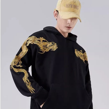 Autumn Winter High-end Hoodie Men's Pure Cotton Golden Dragon Embroidery Loose Hooded Trend Coat | Men's Clothing-Outerwear & Jackets-Man H | Buy Center