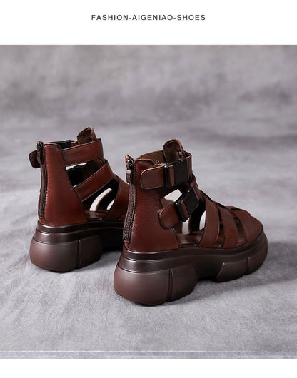 New Female Leather Hollow-out Platform Retro Stylish Women's Sandals