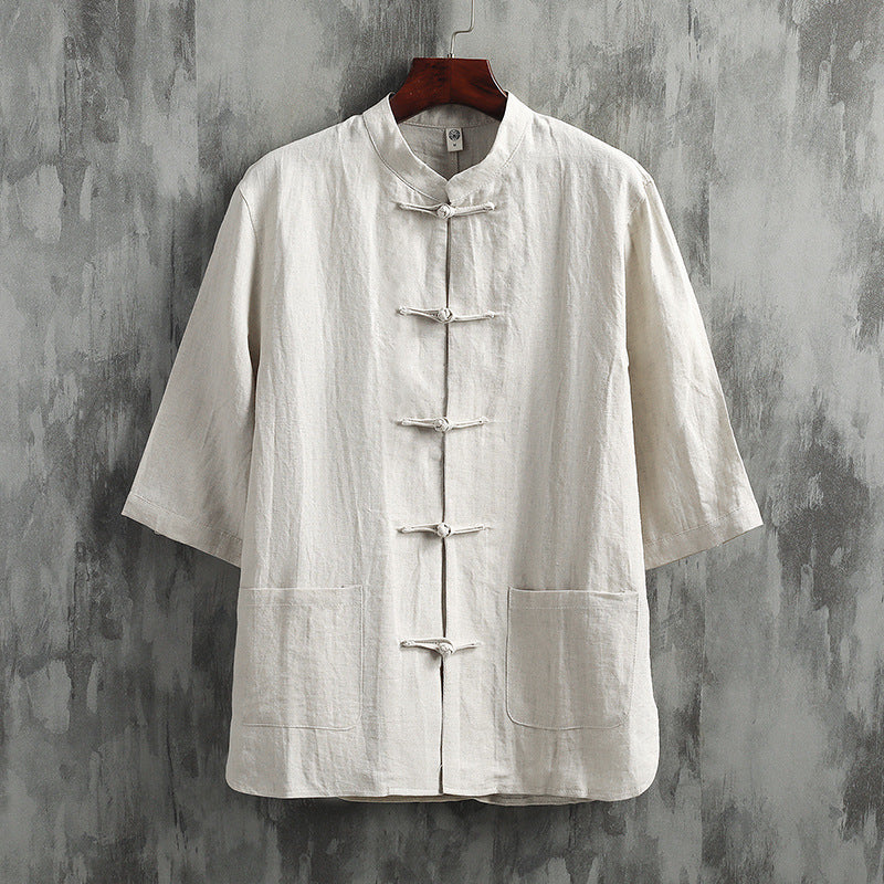 Fresh Arrivals at Buy Center: Stand Collar Linen Men's Short Sleeve Cotton Linen Shirt