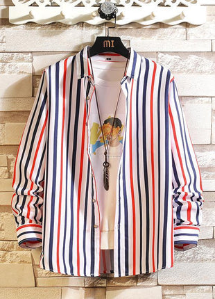 Long Sleeve Plus Size Korean Style Vertical Striped Shirt