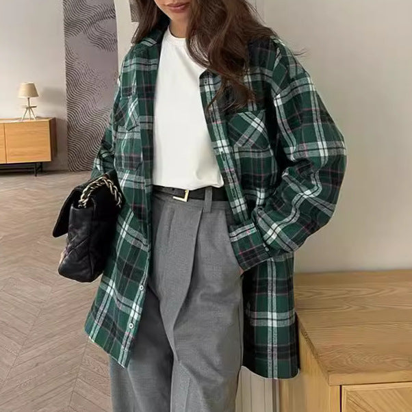 Buy Center Trend-Fashion Green Plaid Shirt Cardigan Design Ladies