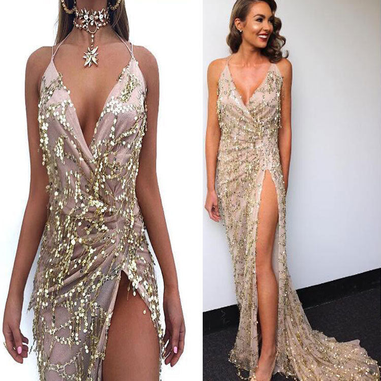 V-neck sexy halter strap sequin dress Buy Center