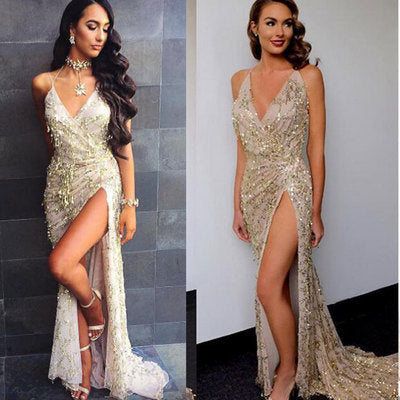 V-neck sexy halter strap sequin dress | Women's Clothing-Weddings & Events-Bride | Buy Center