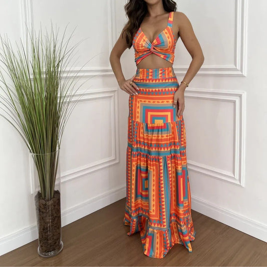 Buy Center Hot Pick-Casual Fashion Printed Color Dress Suit Orange