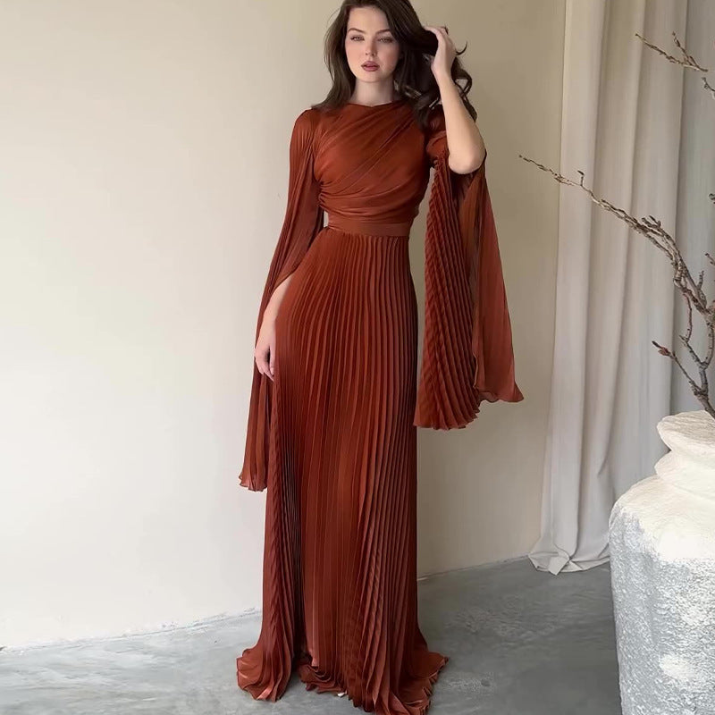 Buy Center Ultimate-European And American Solid Color Waist Fairy Style Elegant Long Evening Dress For Women Light Brown