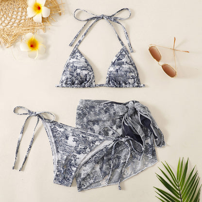 New Women's Ink Printed Mesh Sunscreen Bikini Navy Blue