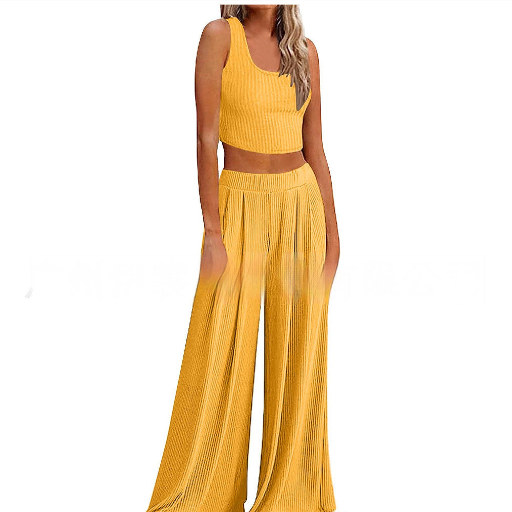 Just Arrived at Buy Center: Pajamas Rib Midriff-baring Top Loose Casual Wide-leg Pants With Pocket Back Yellow