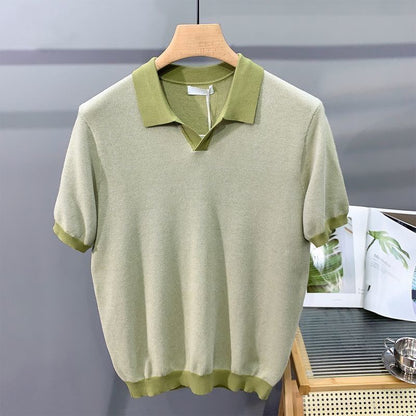 Hot New Items at Buy Center: Men's Ice Silk Knitted Trendy Niche Contrast Color Lapels Short Sleeve Light Green