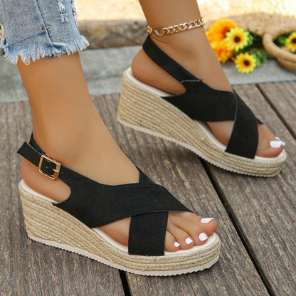 Just Arrived at Buy Center: Hemp Rope Shoes Wedge Platform Snake Pattern Fish Mouth Sandals