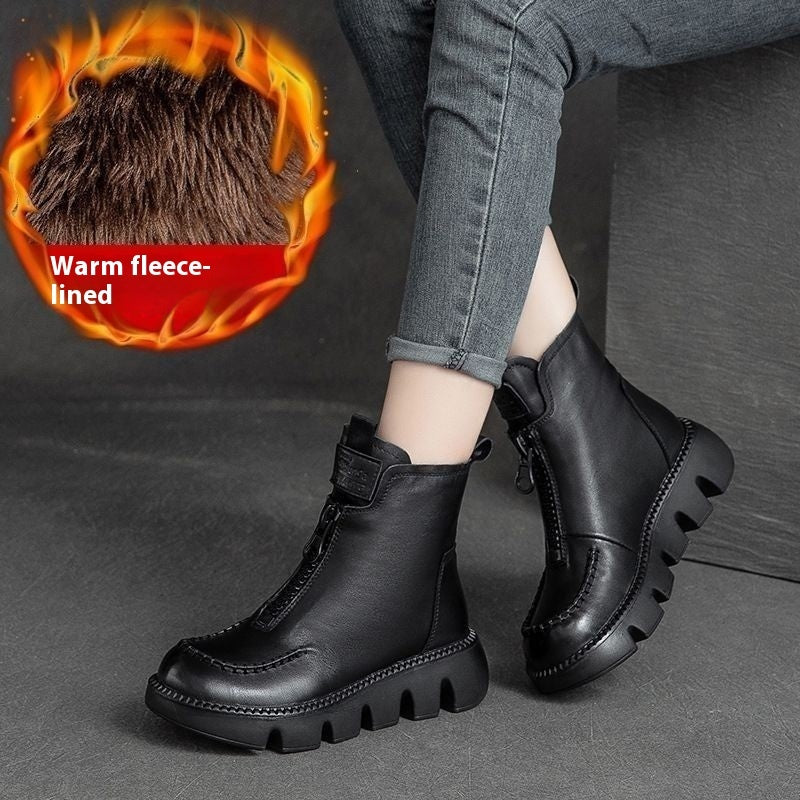 Fresh on the Scene at Buy Center: Cotton Boots Soft Full Grain Leather Retro Platform Motorcycle Boots Muffin Heel