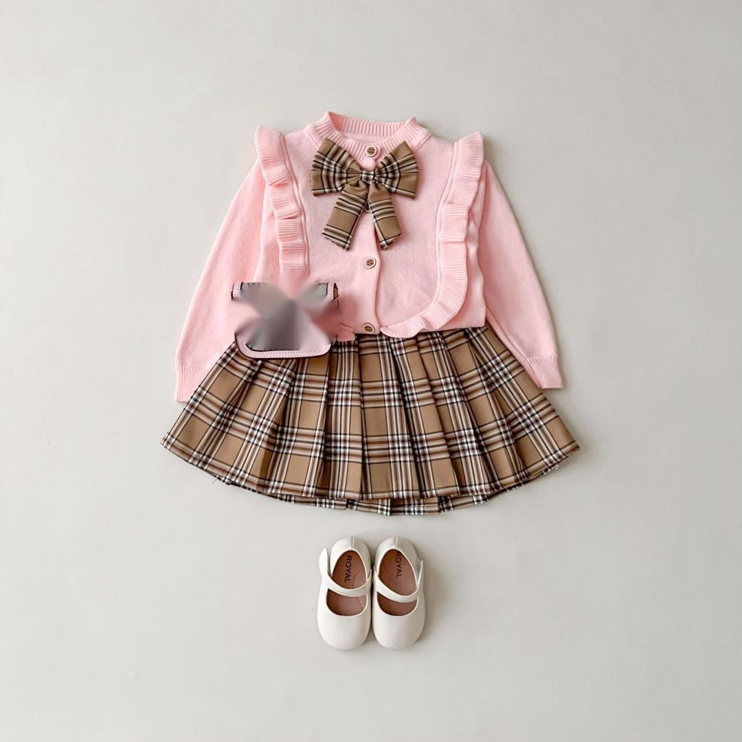 Just Arrived at Buy Center: Children's Spring Clothes Knitted Plaid Pleated Skirt Two-piece Set Pink