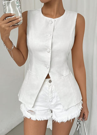 Sleeveless Button Round Neck Elegant Vest