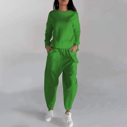 Newly Released at Buy Center: Solid Color Fashion Sweatshirt Long Sleeve Back Slit Top With Pockets Loose Trousers Women's Clothing Green