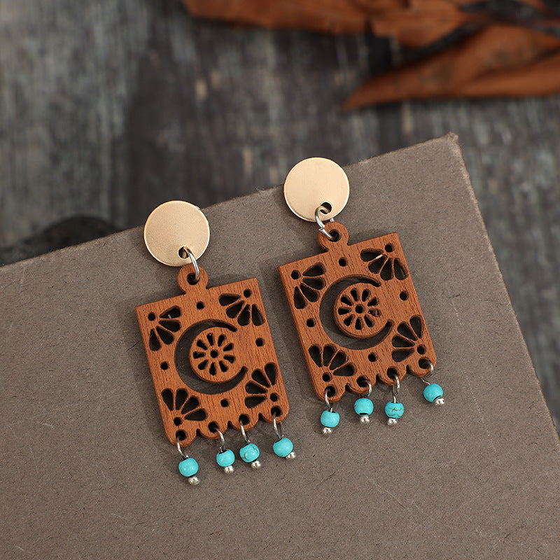 Buy Center Handpicked- Geometric Hollow Wooden Earrings Turquoise Tassel Retro