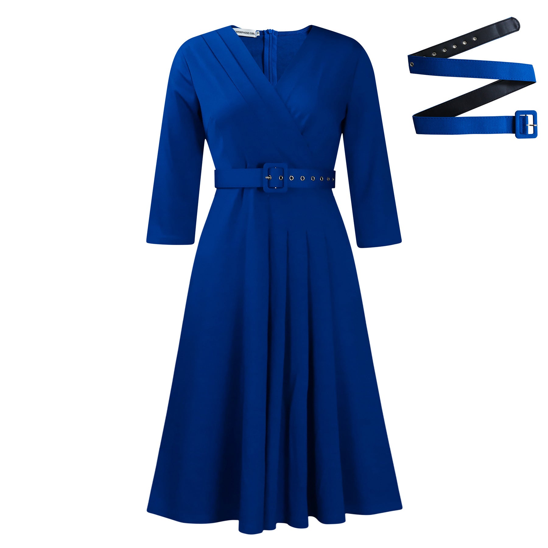 Buy Center Handpicked- V-neck Fashion Elegant Pleated Elastic Elegant African Dress Cobalt Blue Belt