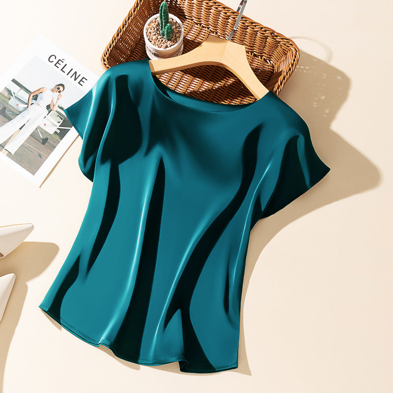 Silky Acetate Satin Round Neck T-shirt For Women