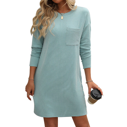 Fresh Arrivals at Buy Center: New Solid Color Striped With Pockets Long Sleeve Dress Fashion Round Neck Straight Dress Women's Clothing Lake Green