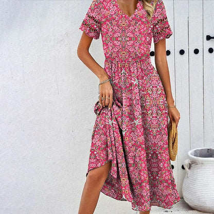 Trending Now at Buy Center: Digital Printed Waist-controlled V-neck Dress Peach