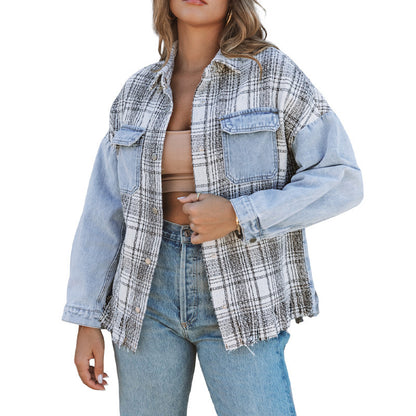 Trending Now at Buy Center: Women's Plaid Patchwork Tassel Flap Pocket Denim Jacket Sky Blue