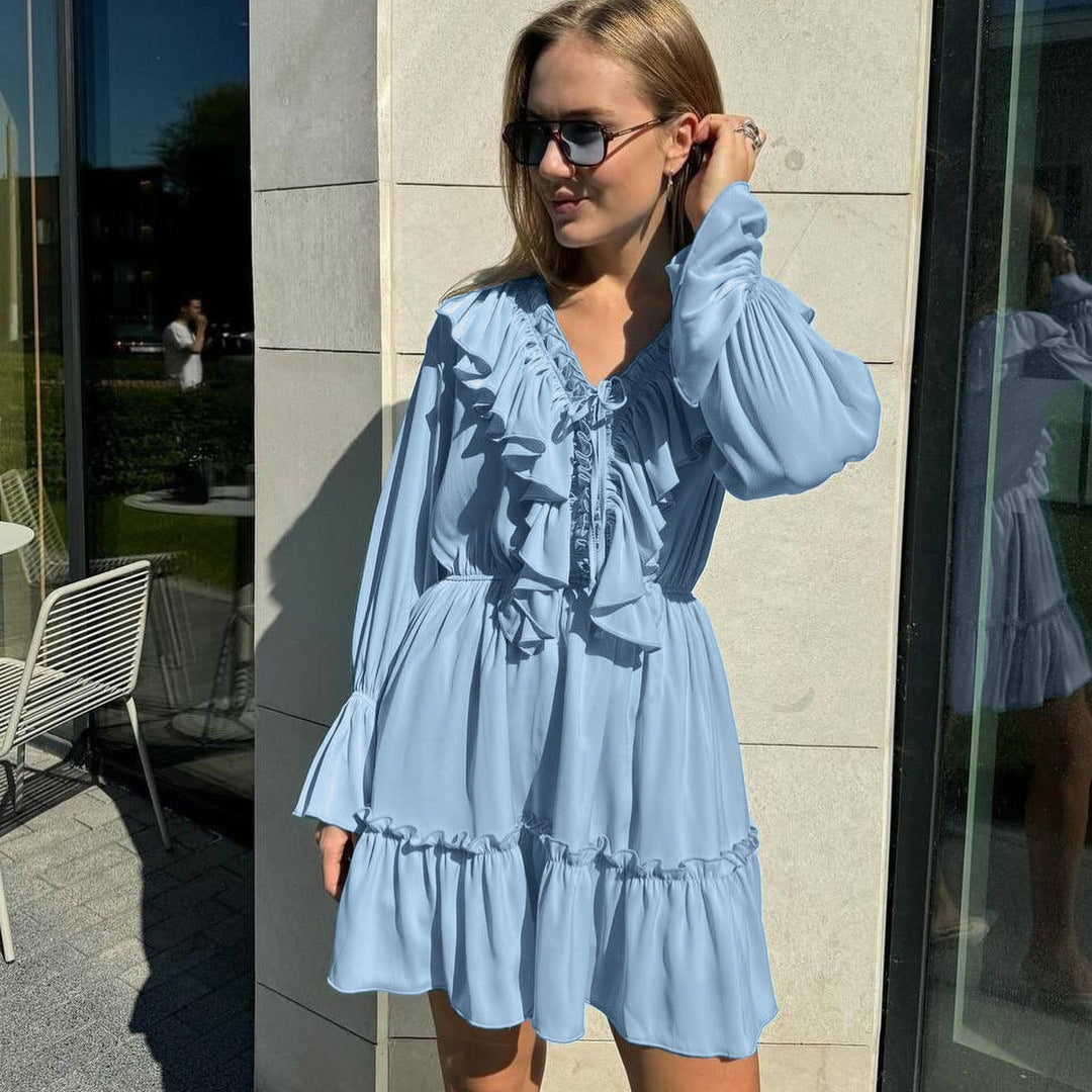 Hot New Items at Buy Center: Fashion V Neck Pleated Ruffle Long Sleeve Dress Y2K V Neck Flared Sleeve Short Dress Women's Clothing Blue