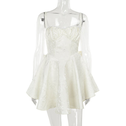 Buy Center Deal-Summer New Slim Jacquard Bow Chest Dress White