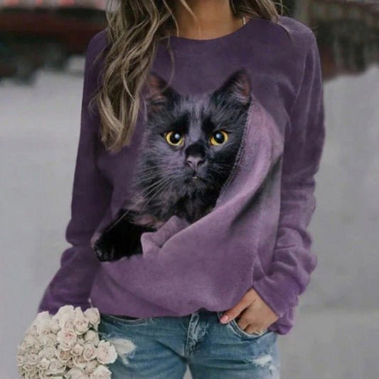 Cute Cat 3D Digital Printing Women's Round Neck Sweater | Women's Clothing3 | Buy Center