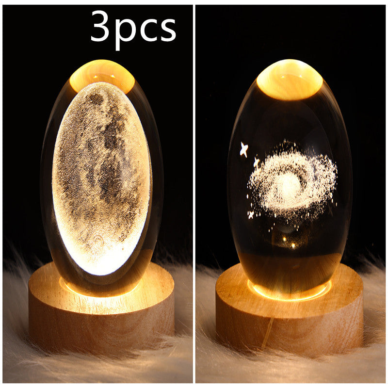 LED Night Light Galaxy Crystal Ball Table Lamp 3D Planet Moon Lamp Bedroom Home Decor For Kids Party Children Birthday Gifts Solid Wood Seat Set32 USB