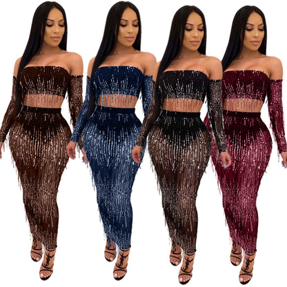 Fashion Sexy See-through Mesh Sequins Tassel Two-piece Set Buy Center