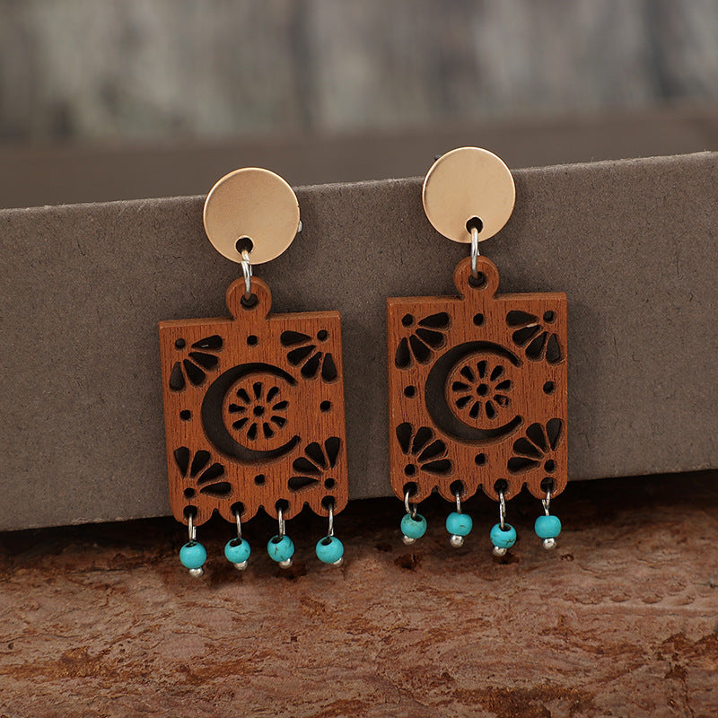 Buy Center Handpicked- Geometric Hollow Wooden Earrings Turquoise Tassel Retro