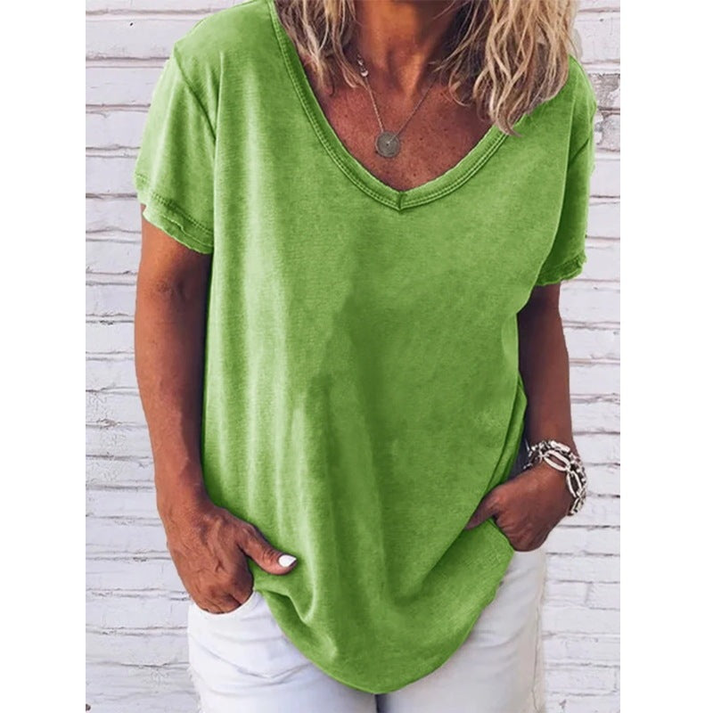 Buy Center Excellence-Cross Border Large V-neck Printed T-shirt Popular Foreign Trade Loose Leisure All-matching Short Sleeve Green