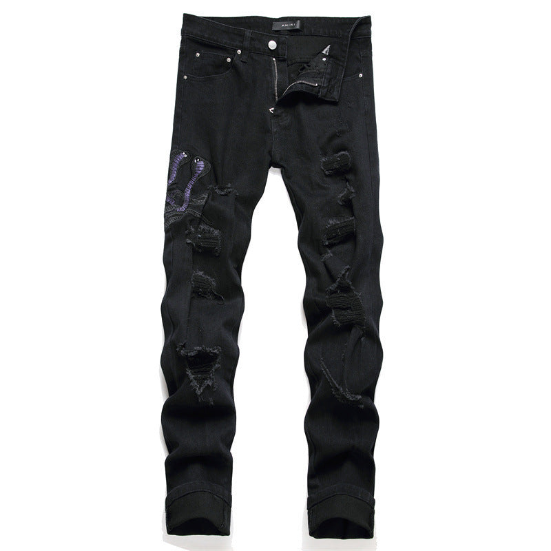 Fresh Arrivals at Buy Center: Black Ripped Embroidered Cobra Stretch Skinny Men's Black