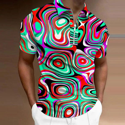 Casual Men's Shirt Golf Shirt Optical Illusion 3D Printing Zipper And Lapel Short Sleeve Purple