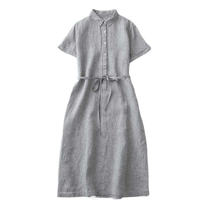 Linen Front Half-open Buckle Waist Lace-up Short Sleeve Dress Buy Center