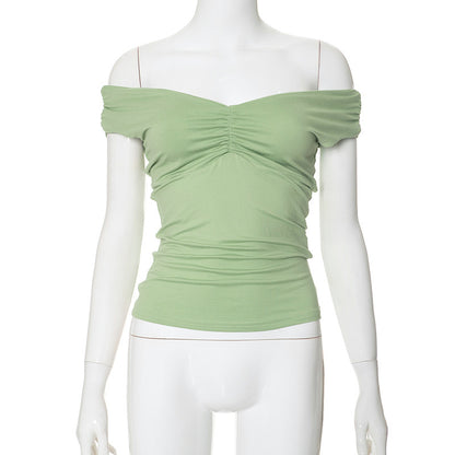 Buy Center Trend-New Solid Color V-neck Sleeveless Pleated Camisole T-shirt Top Light Green