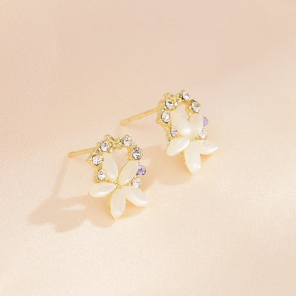 Buy Center Excellence-Girl Heart Zircon Flower Earrings Female Japanese Korean Sweet Fashion Cat Eye Stone Earrings Exquisite Small And Versatile Earrings Gold