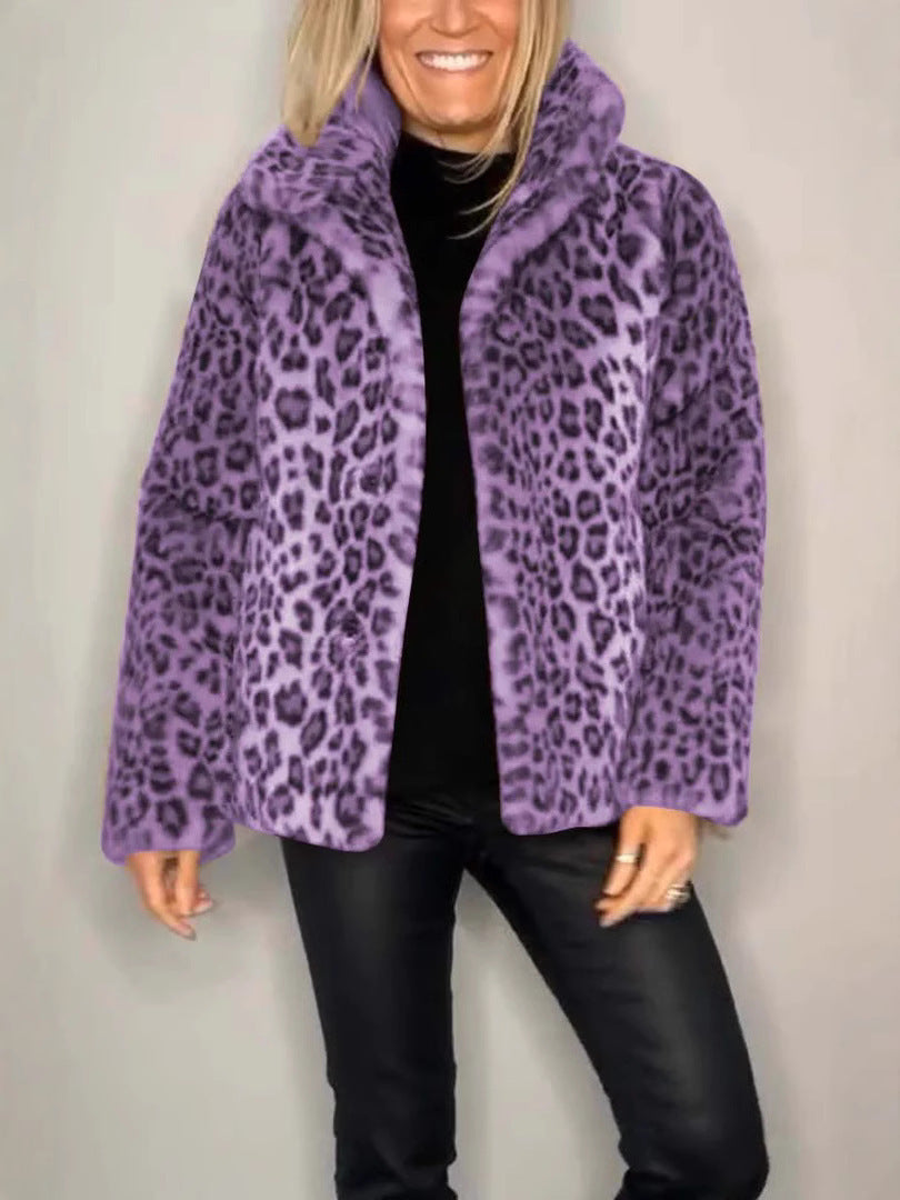 Winter New Women's Fashionable Leopard Print Lapel Faux Leather Woolen Top Buy Center