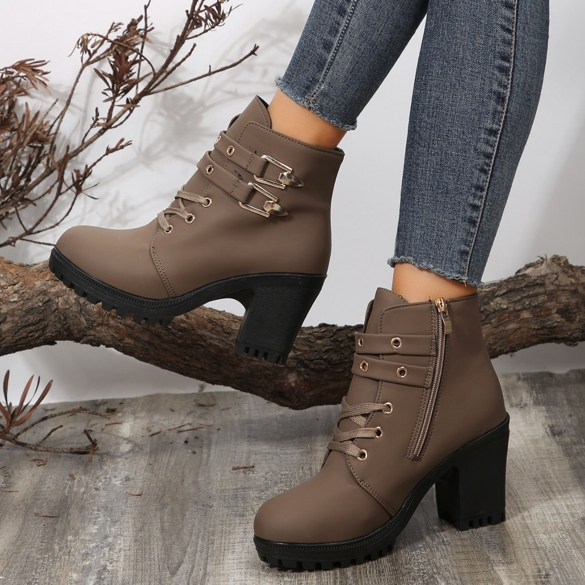 Autumn Round Head Chunky Heel High Heel Leisure Platform Lace Up Booties Buy Center