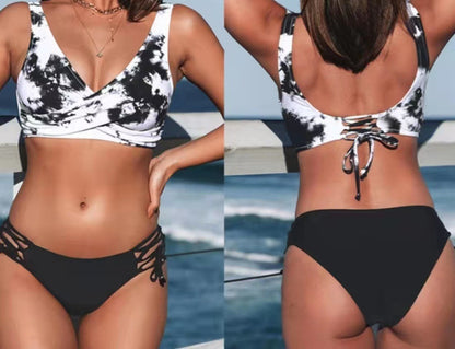 Newly Arrived at Buy Center: Sexy Halter Bikini Women's Split Lace-up Swimsuit Black Pattern