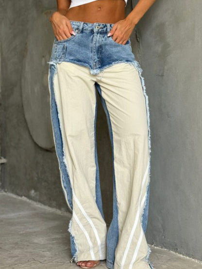 Hot New Items at Buy Center: Low Waist Contrast Color Black Panel Wide-leg Jeans White GB1854