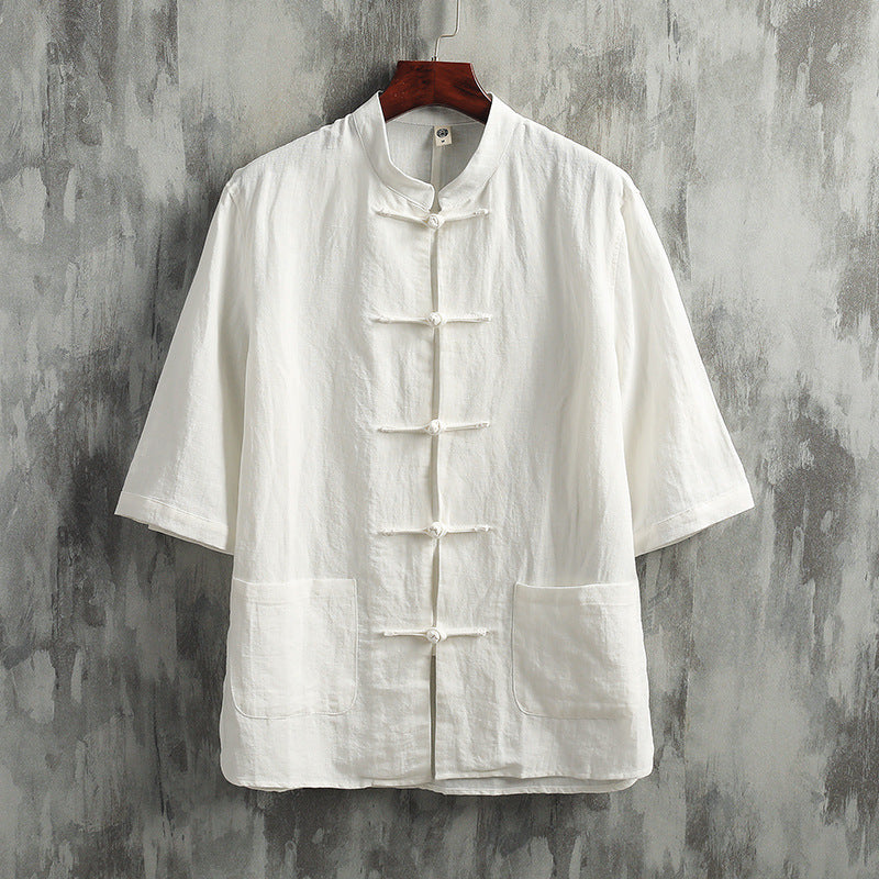 Fresh Arrivals at Buy Center: Stand Collar Linen Men's Short Sleeve Cotton Linen Shirt White