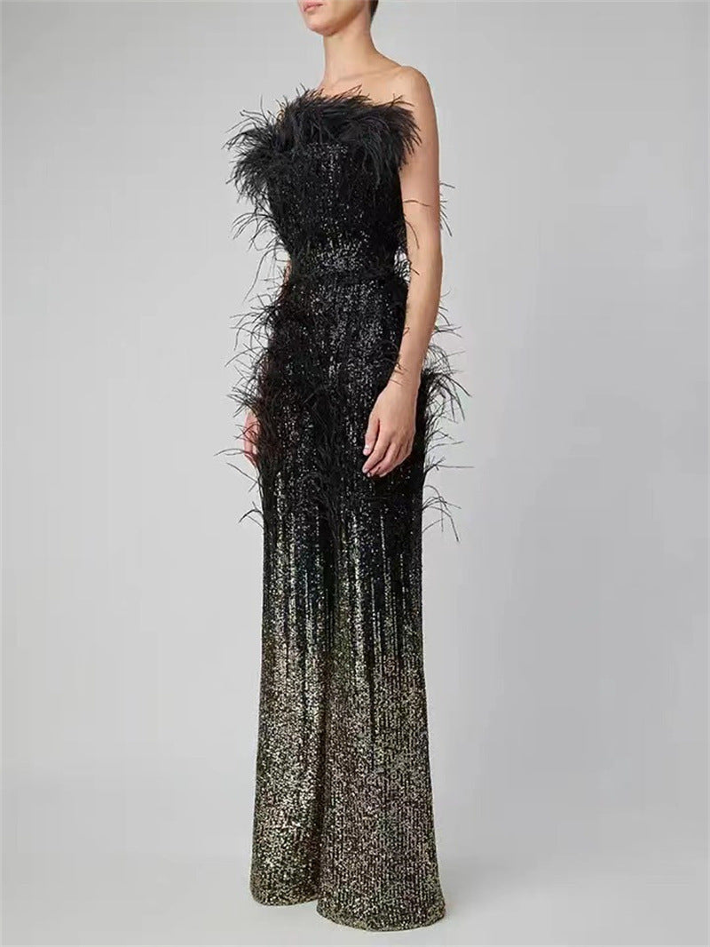 Ostrich Feather Gradient Sequin Tube Top Jumpsuit Buy Center