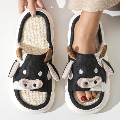 Buy Center Top Rated-Cute Cow Linen Shit Feeling Interior Non-slip Deodorant Outer Wear Platform Slippers Black