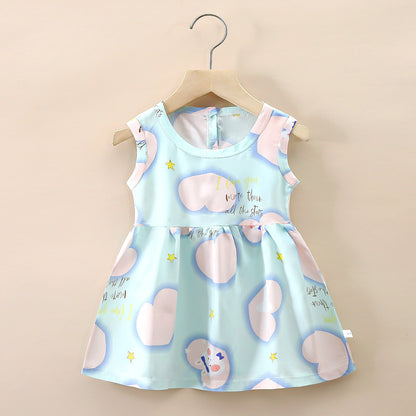 Fresh Arrivals at Buy Center: Small And Medium Cotton Silk Girl Dress Thin Light Greenish Blue